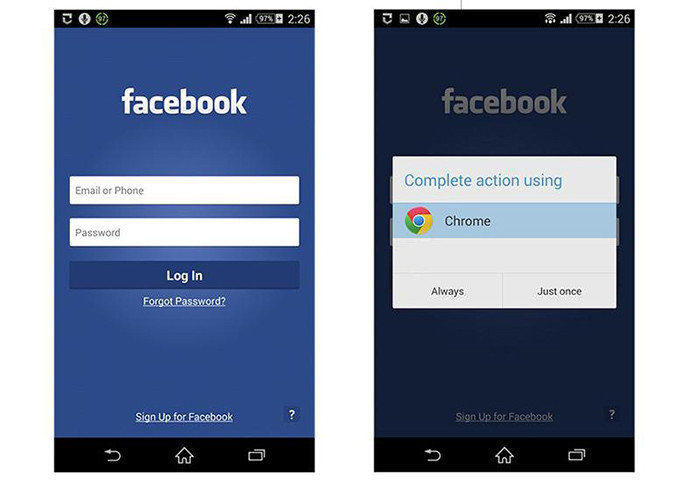 Envoi vers Navigateur Application mobile Facebook