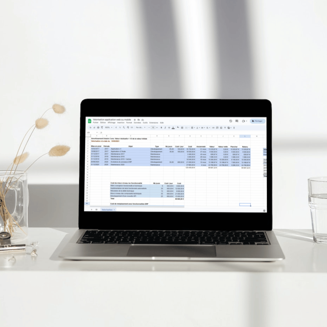 Fichier Excel comportant l'analyse de la valeur (en euros) de votre application